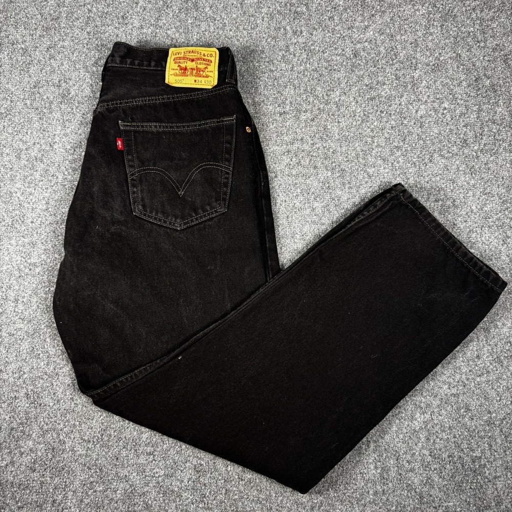 Levis 505 Regular Fit Mens Black Straight Leg Denim Jeans size 34x30 Pants